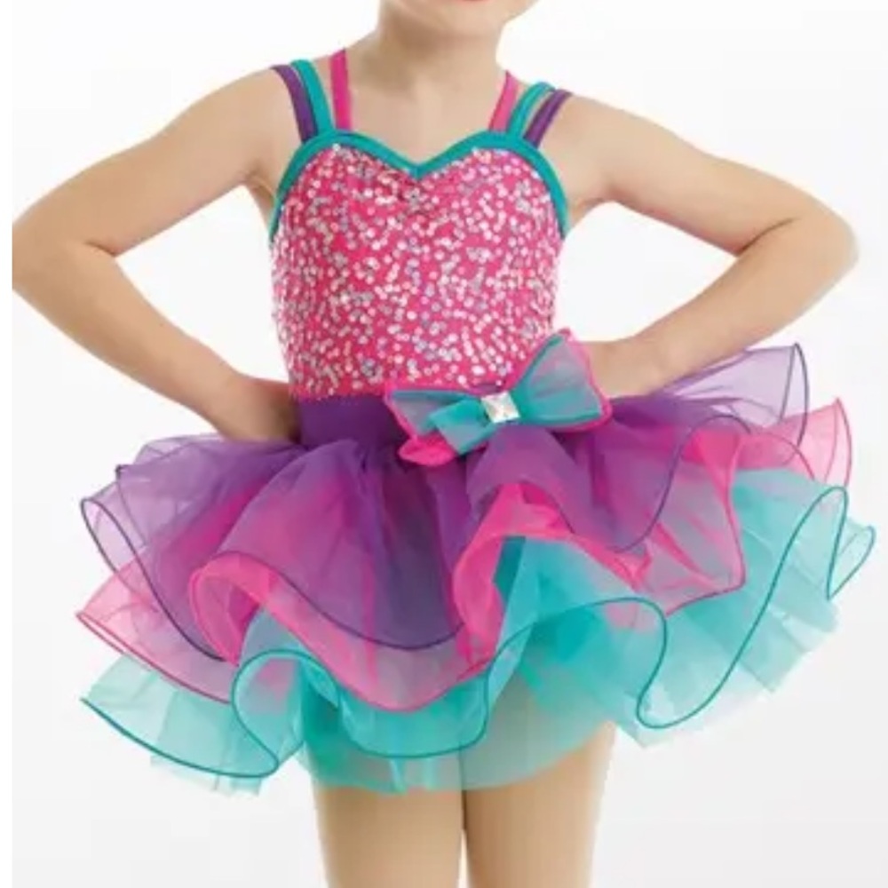 Weissman Girls Pink and Teal Sequin Dance Costume XS
